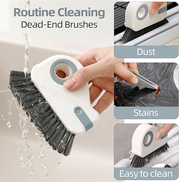 2 in 1 Groove Cleaning Brush, Grout Cleaner Tool & Multifunction Window Track Cleaner (with Hidden Scraper or Mini Dustpan) – for Glass Door Tracks, Window Sills, Sliding Doors, Shower Door Tracks