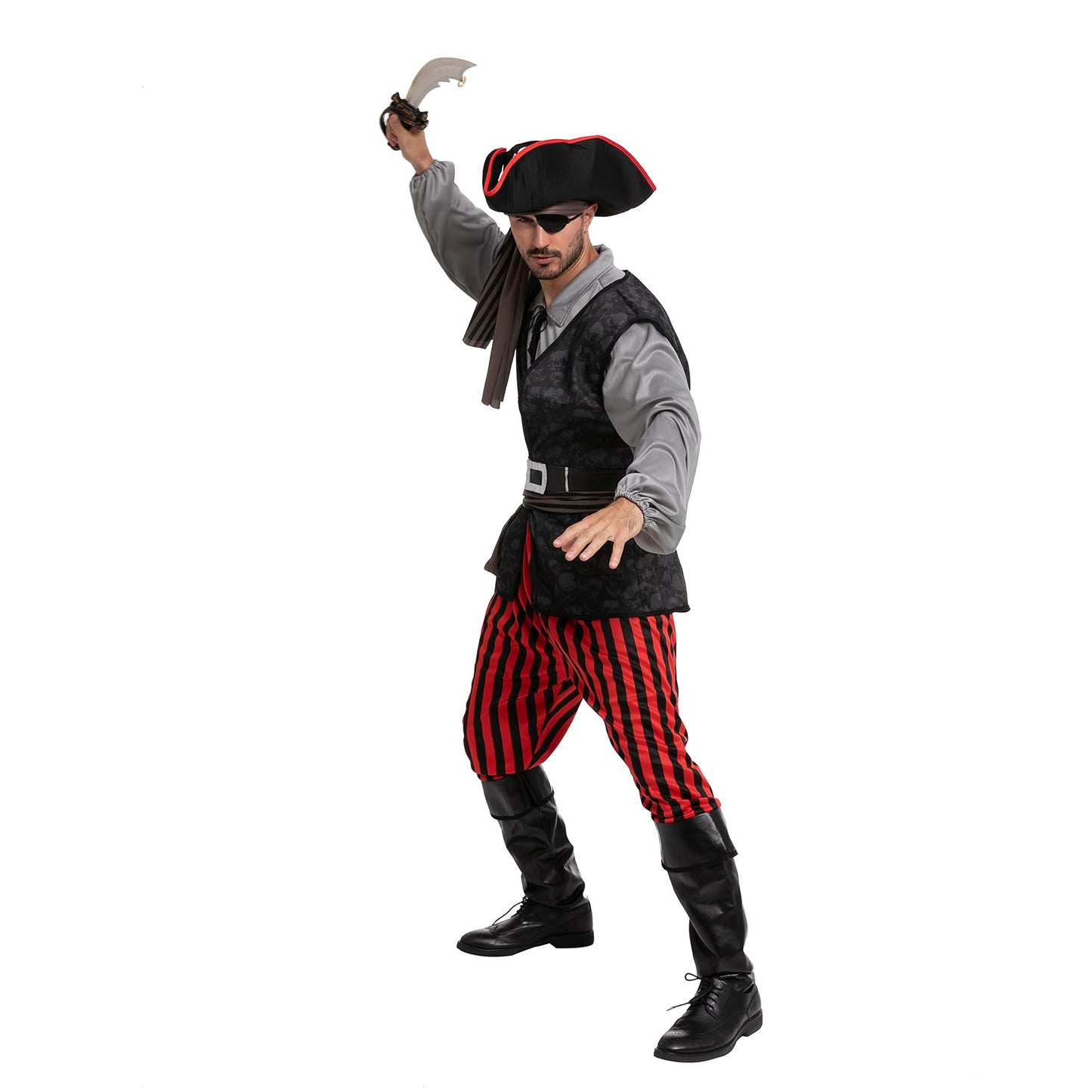 Spooktacular Creations Men Pirate Costume, Adult Grey Pirate Shirt Vest Viking Pants Hat Accessories Set for Halloween Themed Trick or Treating Cosplay Parties (X-Large)