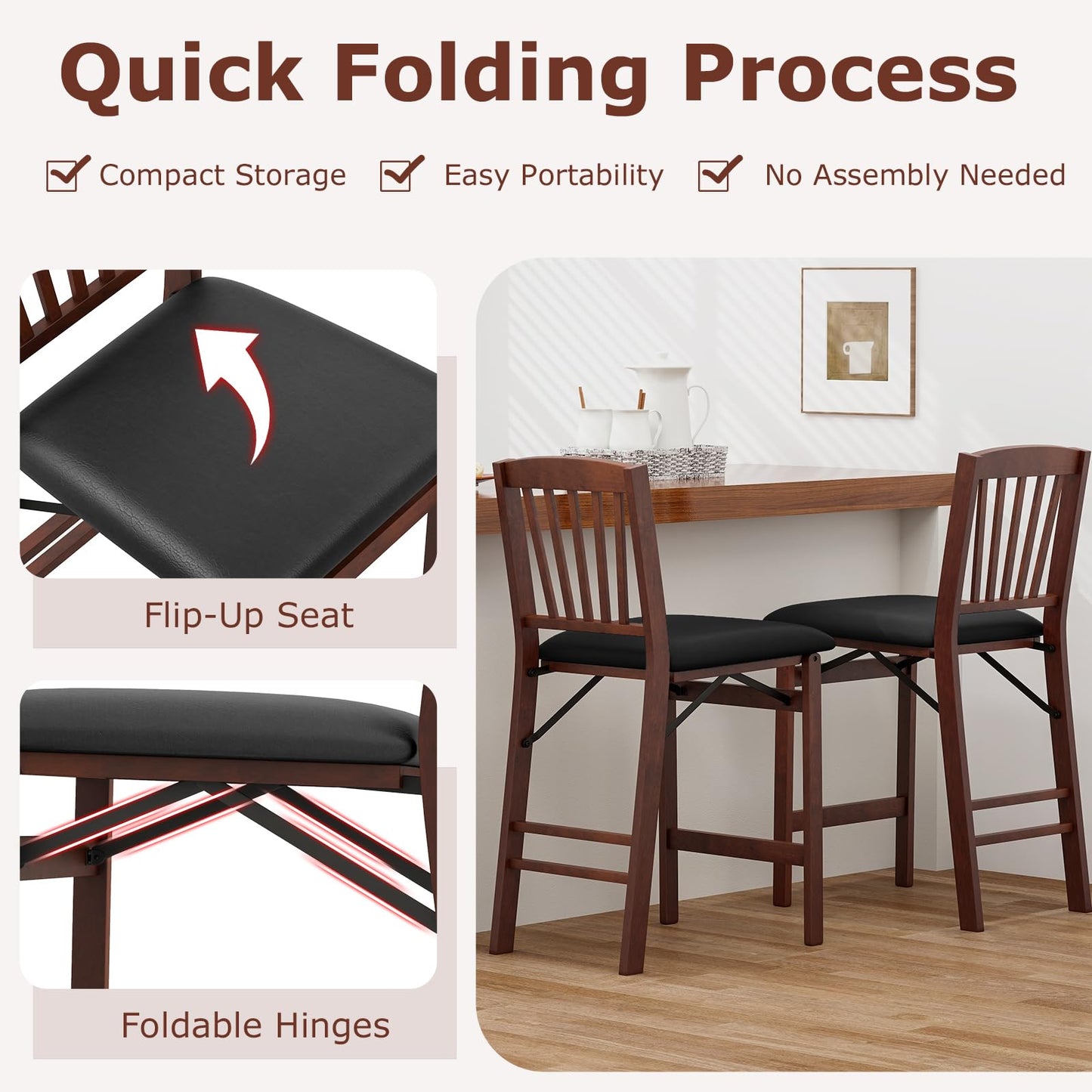 Giantex Folding Bar Stools Set of 2, 24.5" Counter Height Bar Dining Chairs with Back, Padded Seat, Footrest & Rubber Wood Legs, Upholstered Foldable Barstools for Kitchen Island, No Assembly Needed