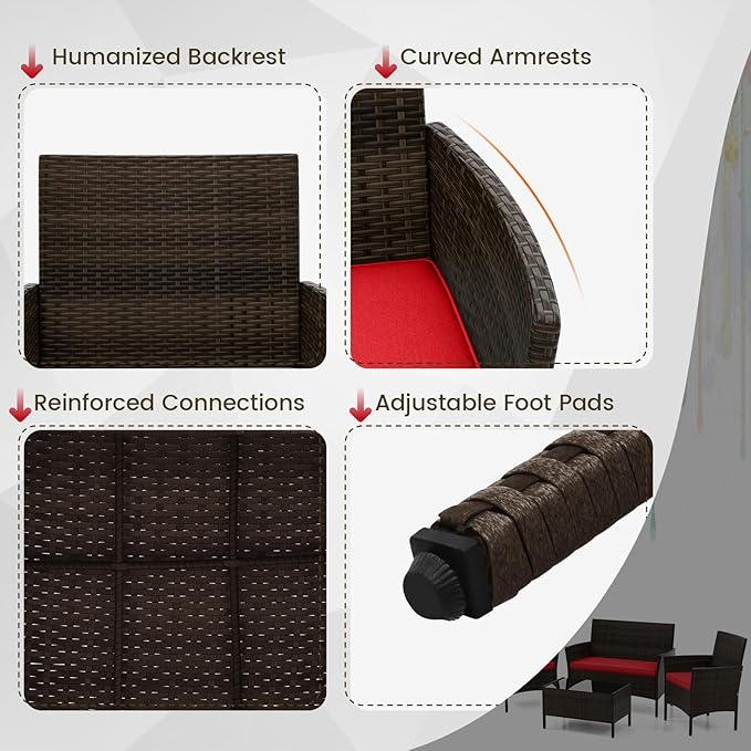 HAPPYGRILL 4 Pieces Outdoor Rattan Conversation Set, Patio Wicker Furniture Set with Loveseat Chairs & Tempered Glass Coffee Table, Outside Sectional Sofa Set for Backyard Garden Poolside, Red