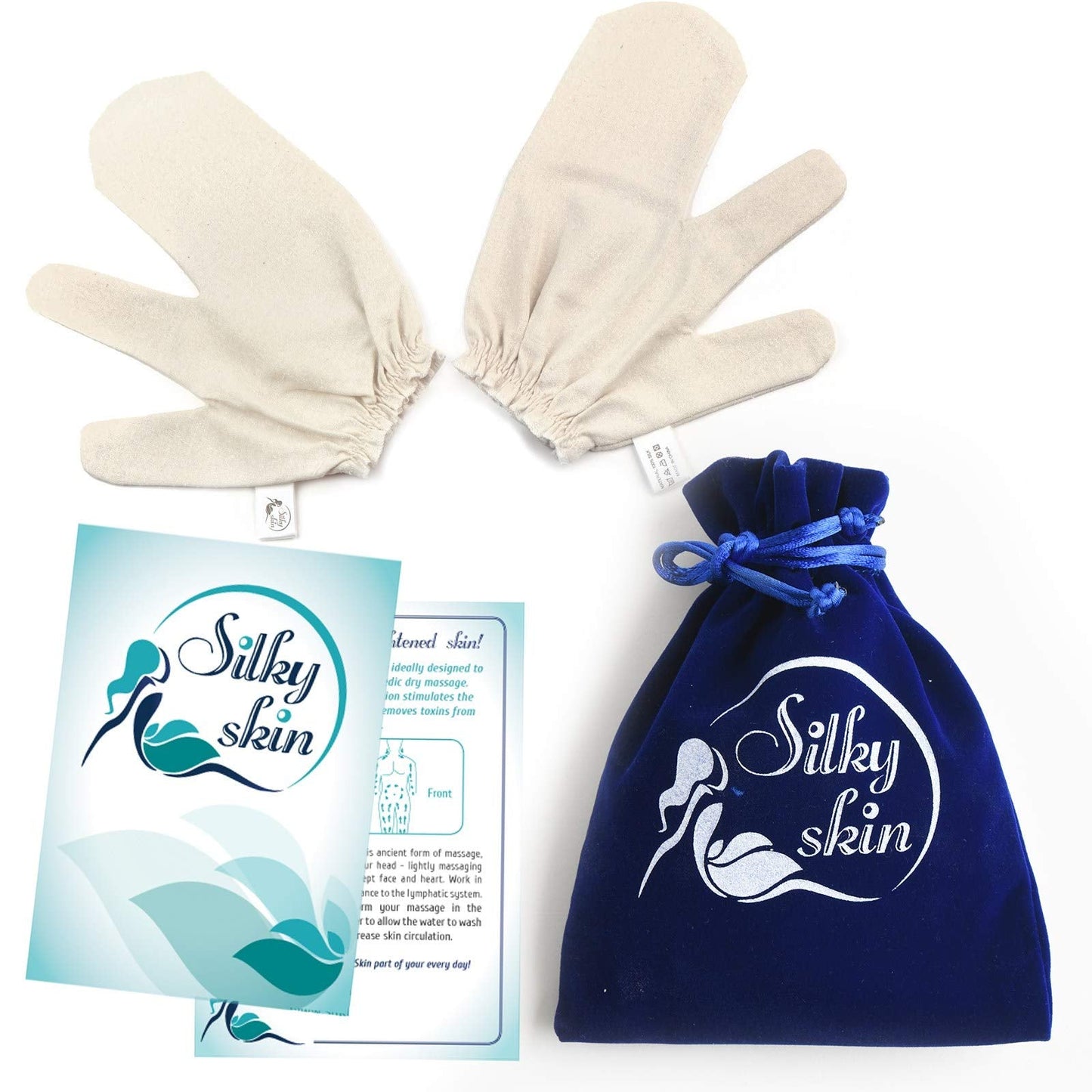 Silky Skin Garshana gLoves Raw Silk Massage - Quality Storage Bag - Ayurvedic Dry Brushing Exfoliate Skin Lymphatic Drainage Bru