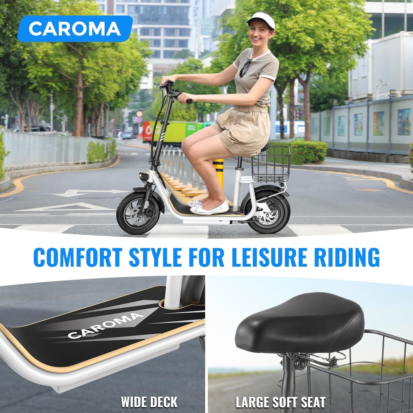 Caroma Peak 800W Electric Scooter with Seat, Electric Scooter Adults with 12" Shock-Absorbing Tires, 375Wh Battery up to 22 Miles&20MPH, Foldable Electric Bike with Seat for Commuting(White)