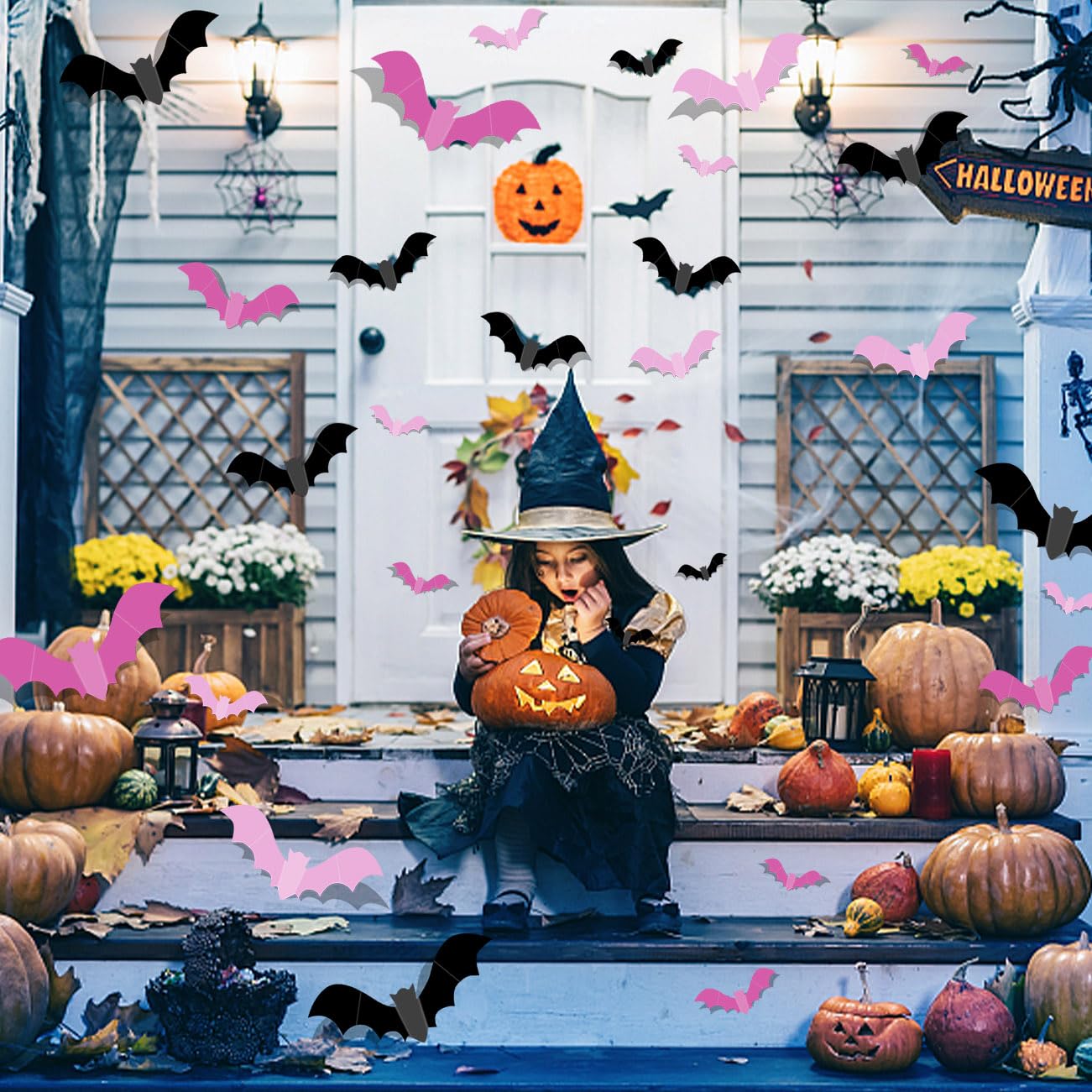 Pink Bats for Wall Halloween 3D Bat Blush and Black DIY Wall Decal Bathroom Indoor Cute Pastel Halloween, PVC Door Bats Stickers for Home (48pcs)