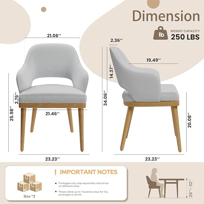 MALOL Wooden Dining Chairs Set of 6, Modern Fabric Upholstered Dining Room Chair, Kitchen Side Chairs, Farmhouse Dinner Chair with Open Back for Kitchen, Lightgrey