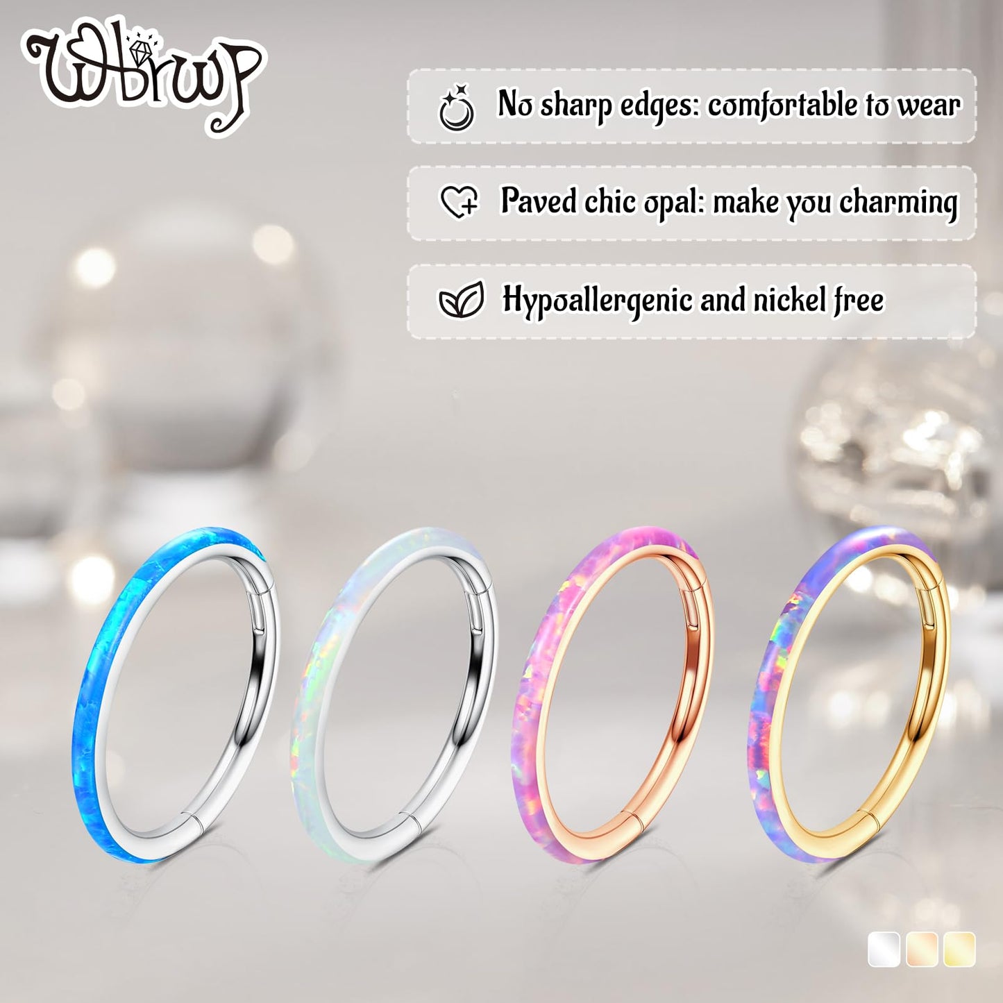 WBRWP 316L Stainless-Steel Piercing-Ring Hinged Nose-Rings-Hoop with White Opal 16G(1.2mm) Segment Clicker Lip Rings Daith Earri