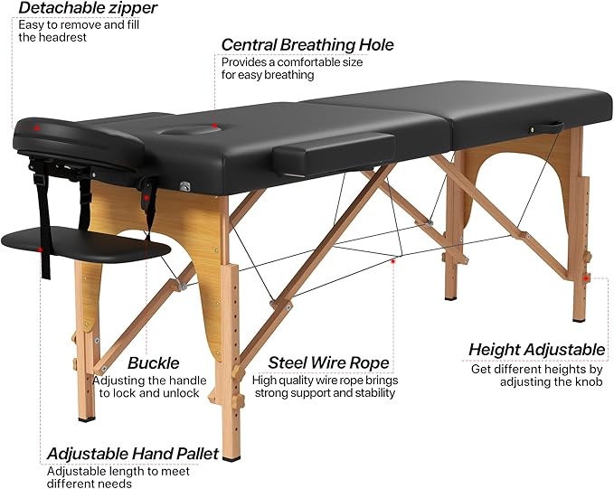 Massage Table, Portable 2 Section Foldable Tattoo Bed, Height Adjustable Lash Spa Bed with Face Cradle, Home Light Weight Facial Salon Bed with Wood Frame, Black
