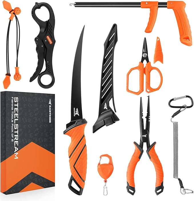 KastKing SteelStream 8pc Fishing Tool Kit - Fishing Pliers with Lanyard, Fillet Knife, Floating Fish Lip Gripper, Fishing ...