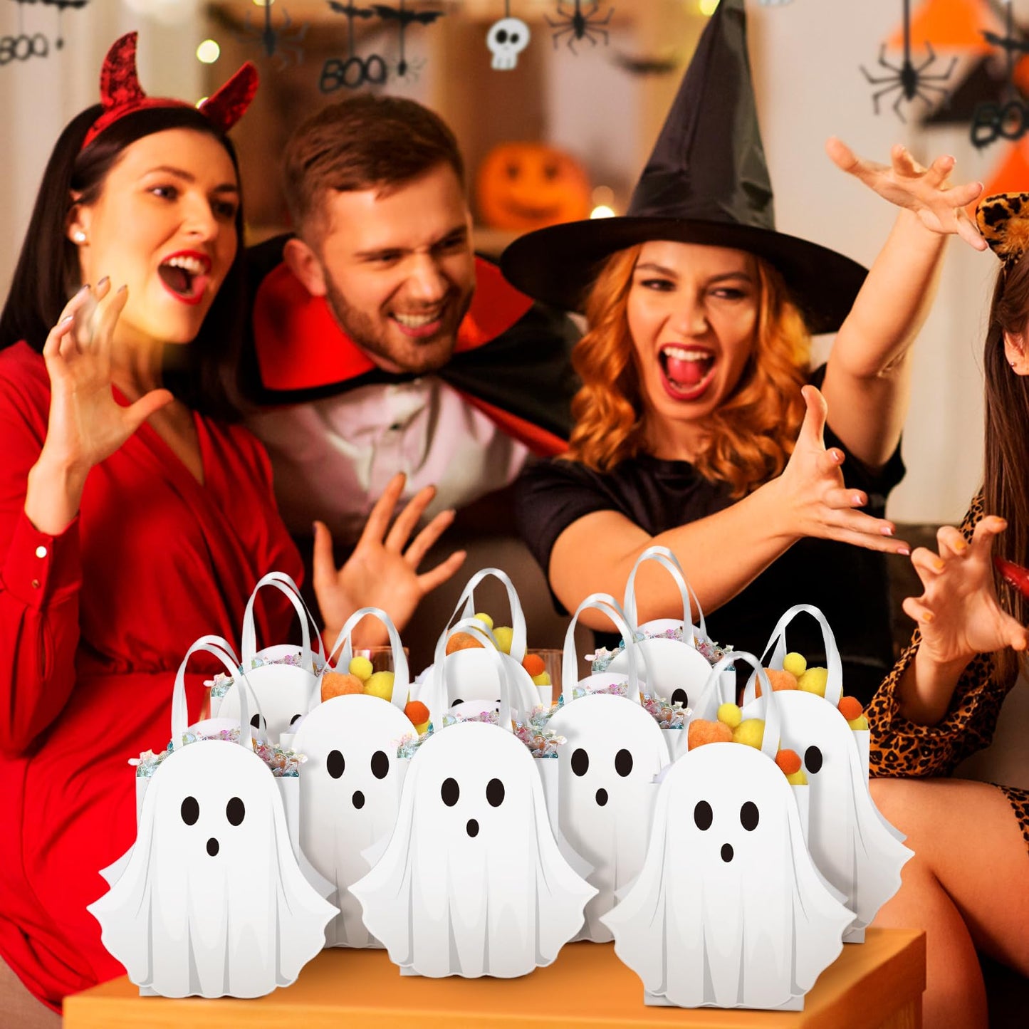 Sweetude 24 Pcs Halloween Ghost Paper Gift Bags Party Favor Bags with Handle for Trick-or-treat Candy Goodie Pastel for Halloween Spooky Birthday Holiday Party Supplies