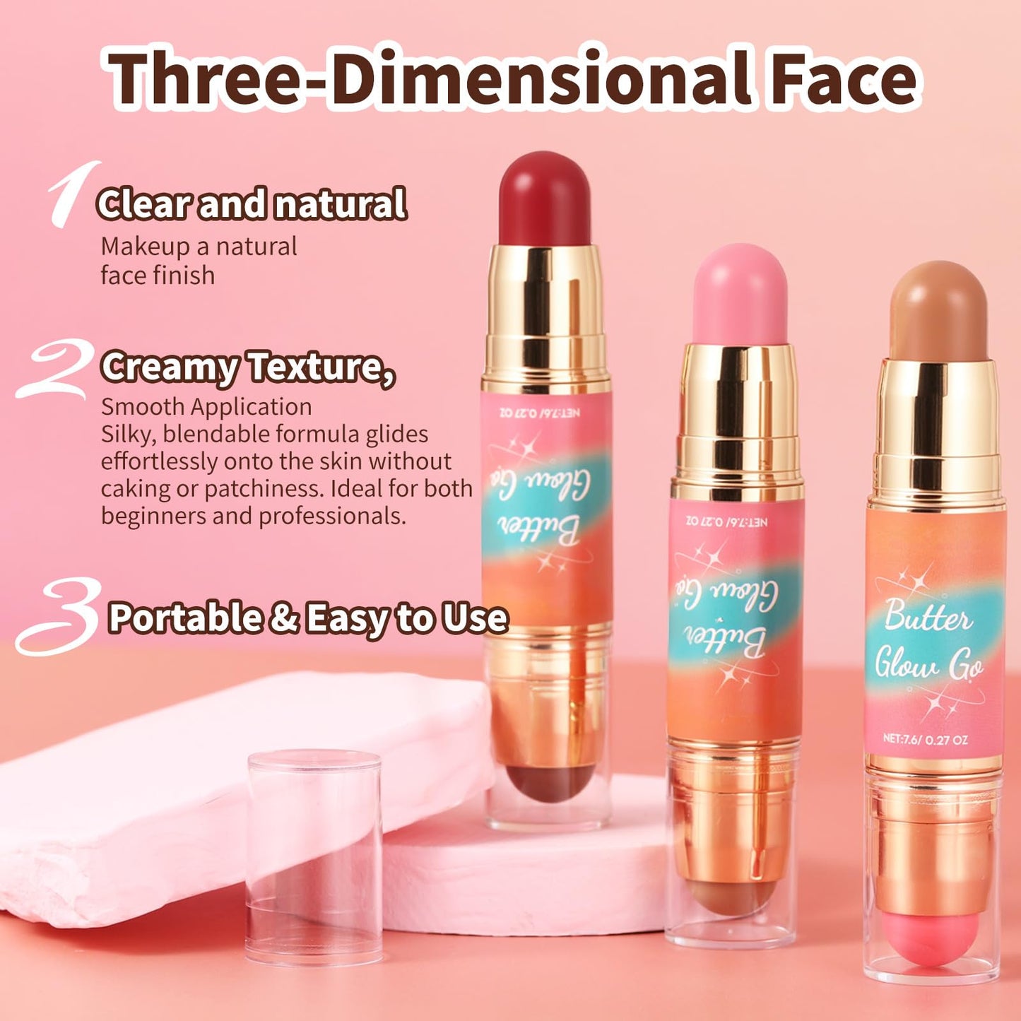 Dual-Ended Blush and Bronzer Stick - 2-in-1 Creamy Face Cheeks Contour Makeup, Smooth Hydrating Formula, Buildable Color for Nat