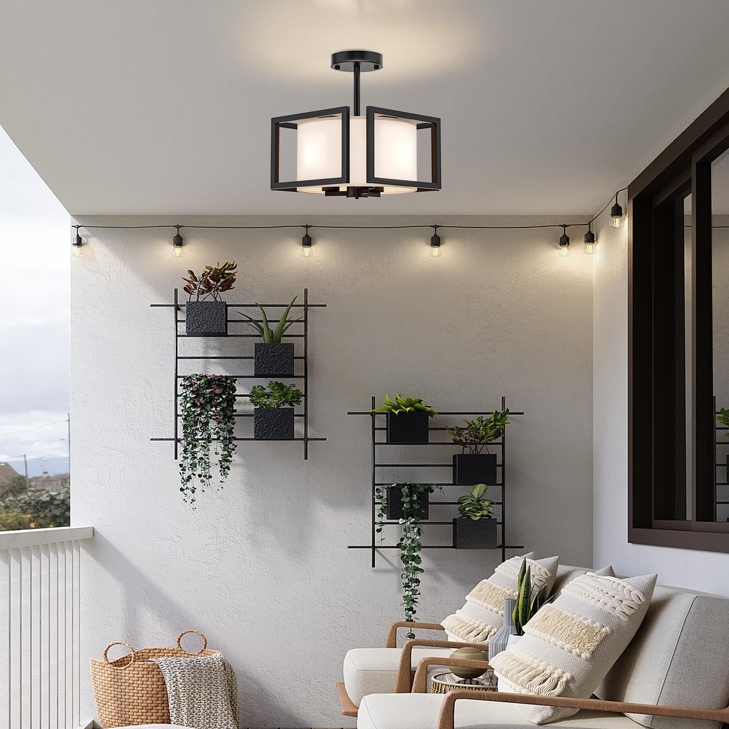 Modern Ceiling Light Fixture - Easric Semi Flush Mount Ceiling Light Industrial Light Fixtures Ceiling Mount with Fabric Shade Black Metal Frame Drum Ceiling Lights for Bedroom,Hallway,Kitchen