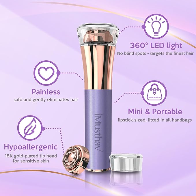 Facial Hair Remover for Women – Painless 16mm Dual Ring Floating Head Blade, Portable, Electric Razor & Epilator for Flawless Face, Lips & Chin – with 18K Gold-Plated Head, 360° LED Light