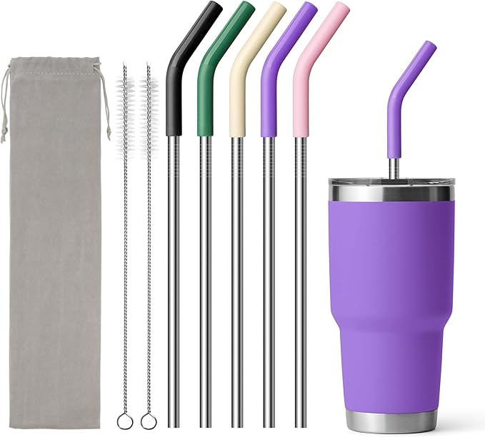 Stainless Steel Straw for 30 oz YETI Tumbler, Metal Straws Reusable with Silicone Tip for Simple Modern 24 oz and 32oz Glass Tumbler, Cleaning Brush, 1 Portable Bag