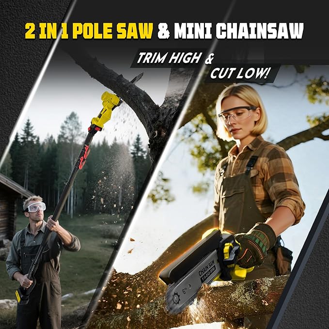 2-in-1 Electric Pole Saw for Tree Trimming,1200W Brushless Cordless Pole Saw & 6 Inch Mini Chainsaw with 2 x 4.0Ah 21V Batteries,16 FT Max Reach & Multi-Angle, Tree Trimmer for Branch Cutting.