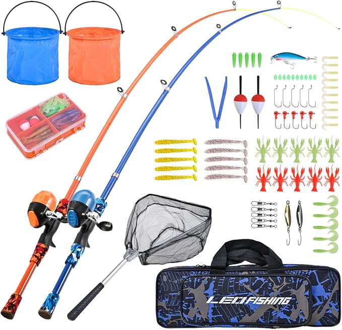 LEOFISHING Portable Kids Fishing Rod Set 2Pack Telescopic Fishing Poles for Boys and Girls Fishing Rod and Reel Combos wit...