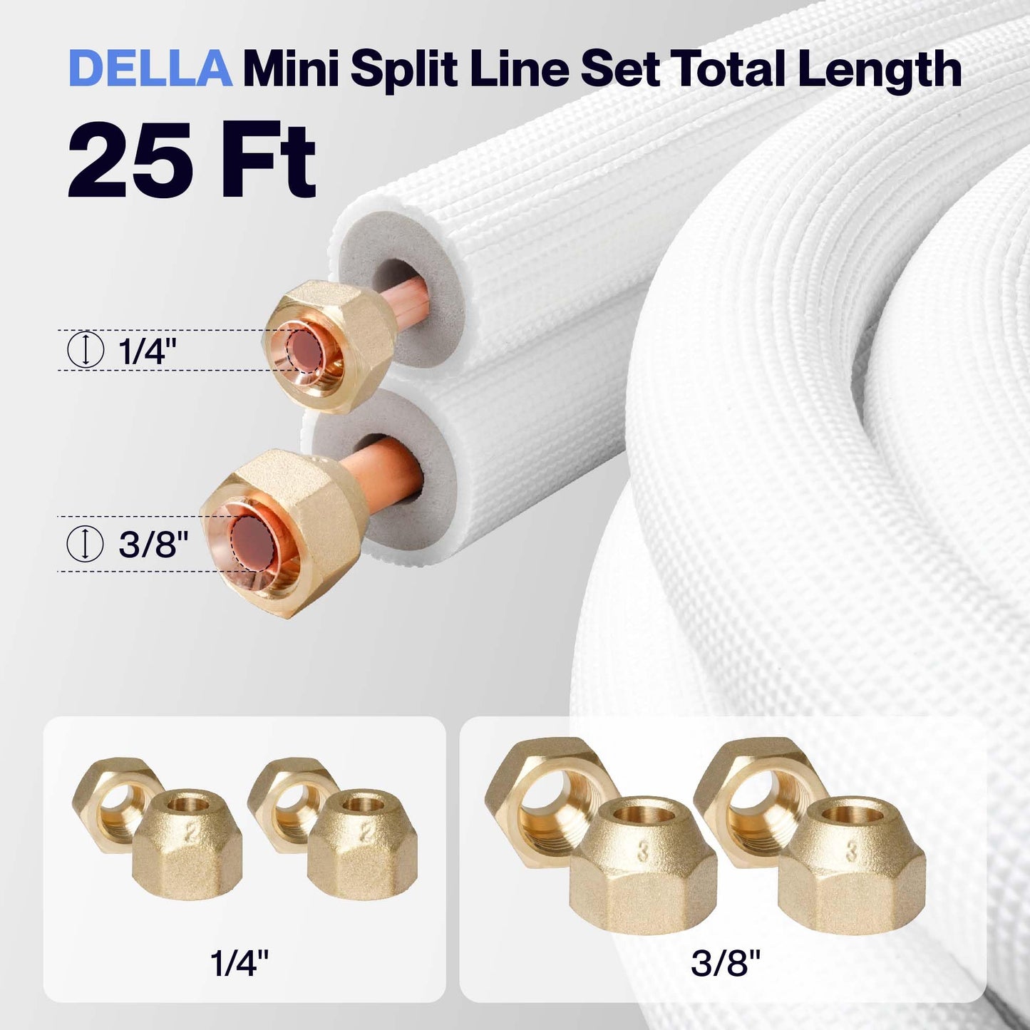 Della 25 Ft Mini Split Line Set, Includes 3/8" & 1/4" O.D. Copper Pipes with Flared Nuts and a 3/8" Thick White PE Insulated Coil, Perfect for Mini Split AC and Other HVAC Systems