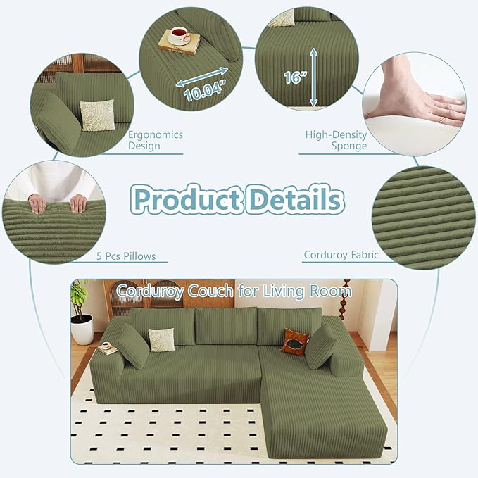 96" Cloud Sectional Couch with L-Shape Chaise, Modern Corduroy Boneless Couch for Living Room,Memory Foam Sofa with Deep Seat,No Assembly Required (Green,Right-Facing Chaise)