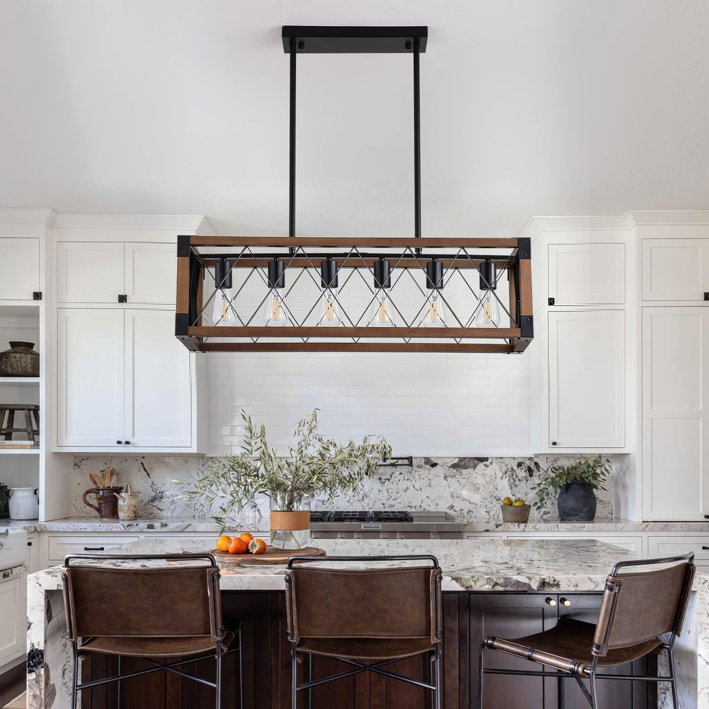 Dining Room Light Fixture/Chandelier Over Table,Matte Black Rustic Wood Ceiling Pendant Light,6-Light Kitchen Island Lighting Fixtures, Linear Farmhouse Chandeliers for Dining Room,Kitchen Island