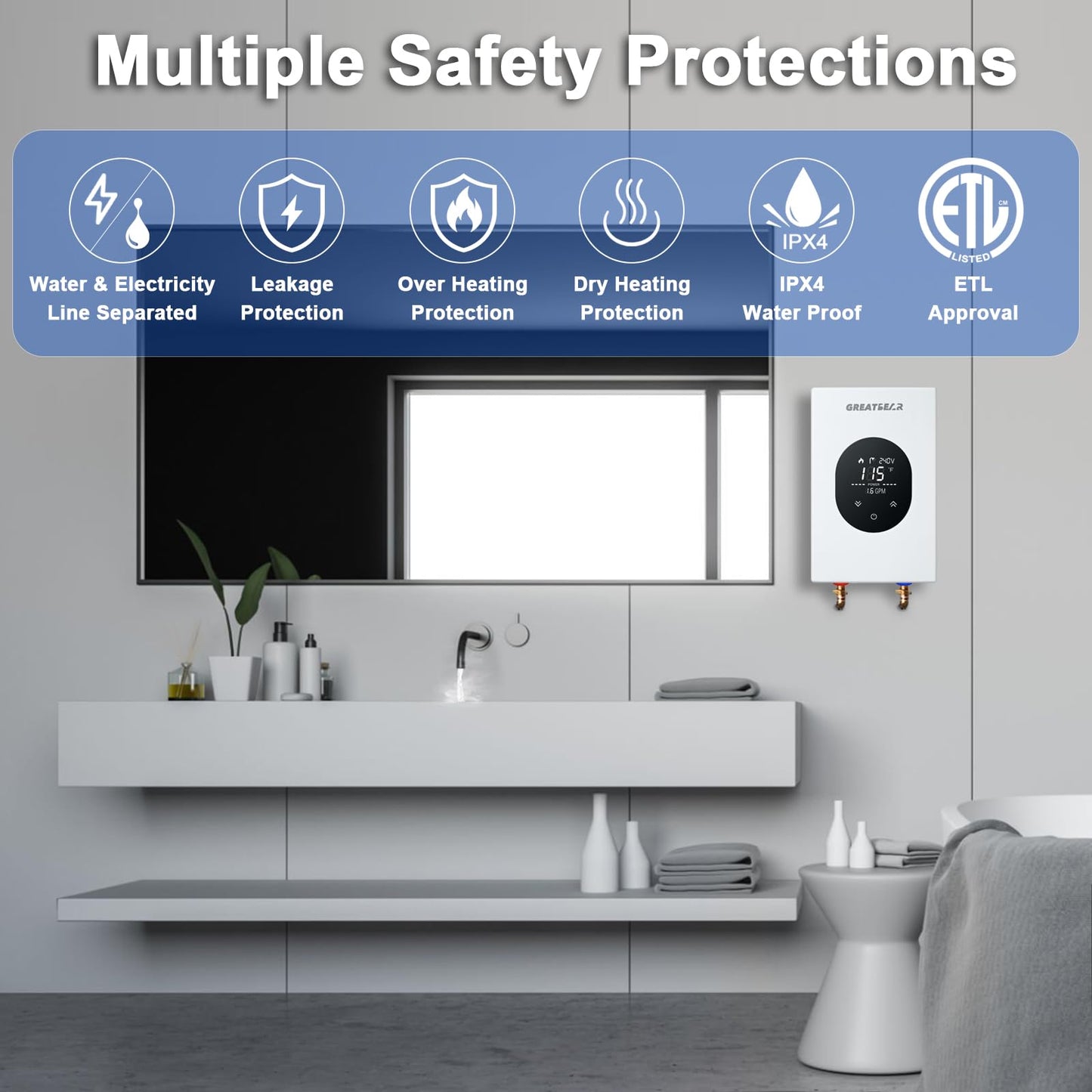 Electric Tankless Water Heater, GREATBEAR 12KW On Demand Water Heater Electric 240V, Point of Use Instant Hot Water Heater, With Self Modulating GT120W White