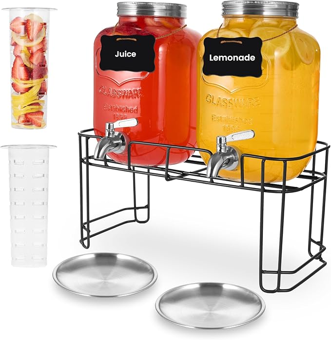 Drink Dispenser, 2 Pack 1 Gallon Glass Drink Dispensers For Parties,Beverage Dispenser, Glass Drink Dispenser With Stand A...