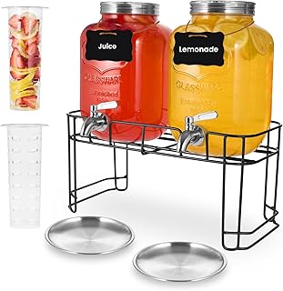 Drink Dispenser, 2 Pack 1 Gallon Glass Drink Dispensers For Parties,Beverage Dispenser, Glass Drink Dispenser With Stand A...