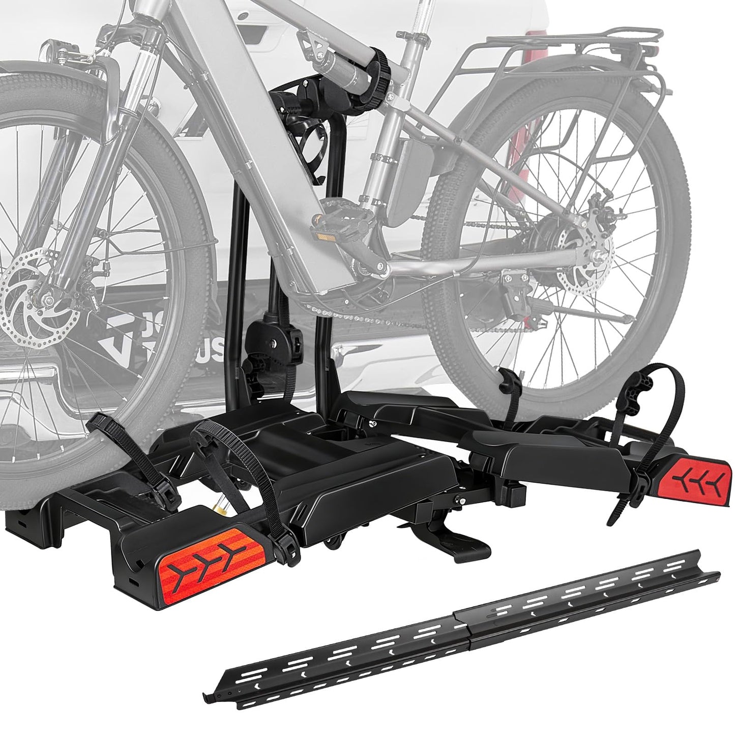 JOYTUTUS Hitch EBike Rack with Ramp for 2 E-Bikes, 200 LBS Capacity Electric Bike Rack for Cars SUVs Trucks, Easy Tilting Foldable Bike Carrier Platform Mount for 2" Receiver, Fits up to 5" Fat Tire