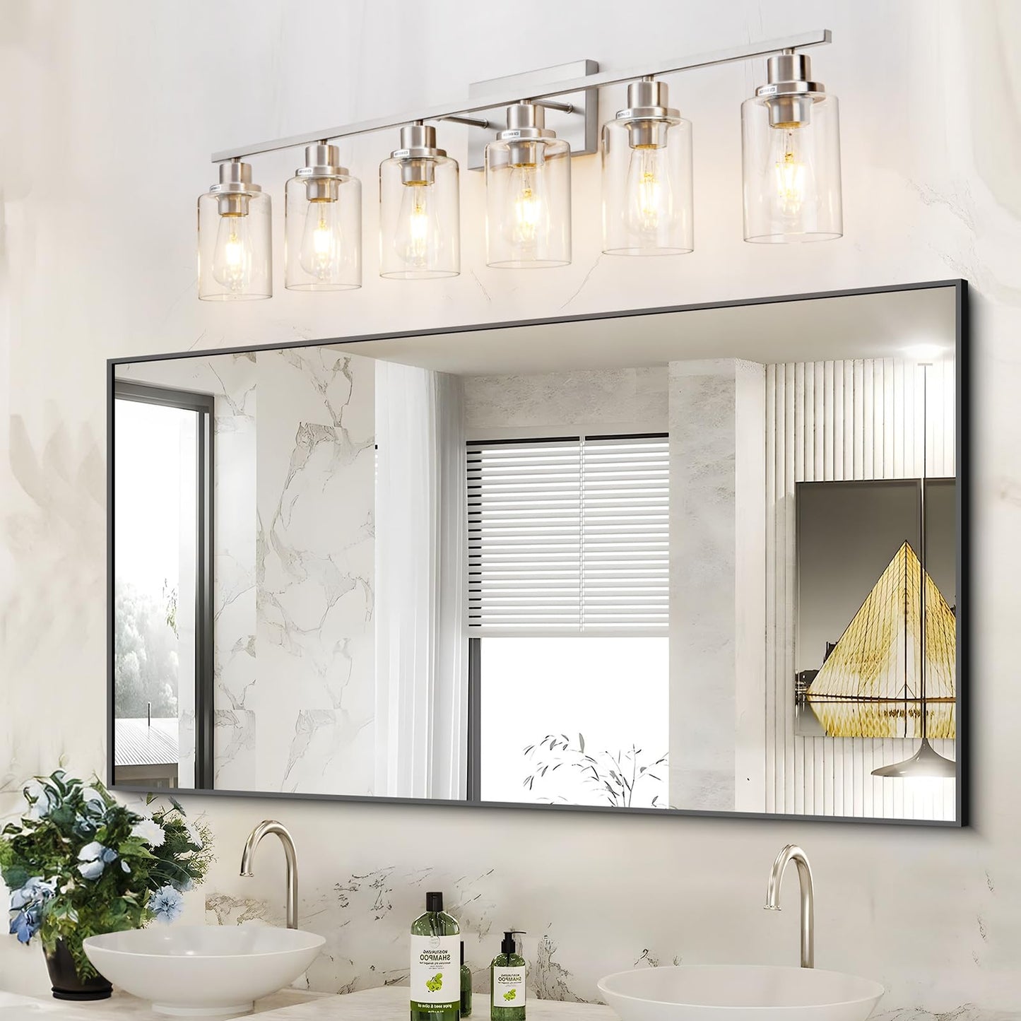 HCCZ 6 Light Bathroom Light Fixtures Brushed Nickel Vanity Light Over Mirror Modern Farmhouse Wall Lighting Sconces Wall Lamp for Bathroom, Bedroom, Living Room E26 Socket with Glass Shade