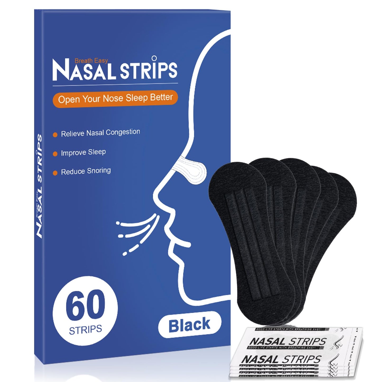 Nasal Strips for Snoring - Extra Strength Nose Strips for Breathing, Black Nose Tape for Sleeping and Sports (60 Ct), Nasal Congestion Relief, Oil & Sweat Proof
