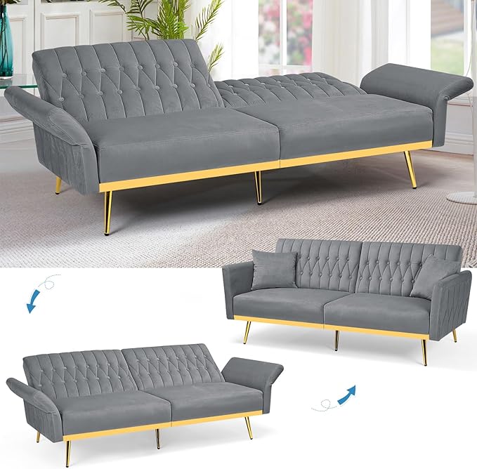 ACMEASE 70” Velvet Futon Sofa Bed with 2 Pillows and Adjustable Armrests, Convertible Sleeper Bed W/Adjustable Backrests, Modern Loveseat for Living Room, Bedroom, Light Grey
