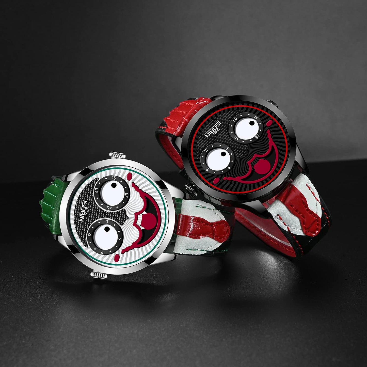 NIBOSI Watches for Men Analog Quartz Clown Dial Unique Weird Fashion Cool Wrist Watch Waterproof Green Leather Strap Men's Watches