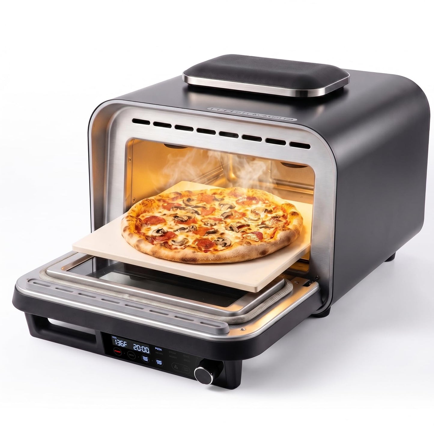 KINGWISE Convection Pizza Oven Electric, IPX4 Waterproof Countertop Air Fryer Oven, Fits 13-Inch Pizza, Heats up to 750℉, 6 Cooking Functions and 5 Pizza Presets, Pizza Stone & Pizza Peel Included