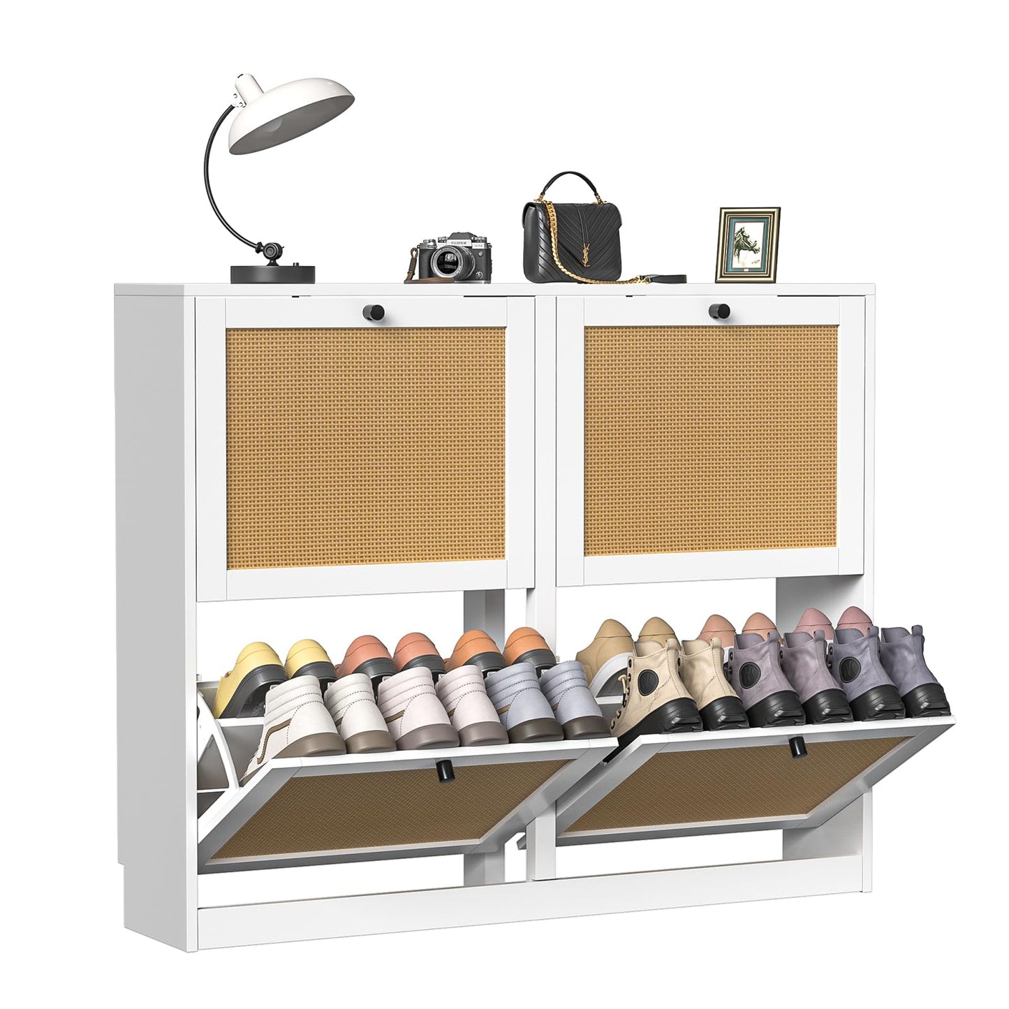 Skokliz Rattan Shoe Cabinet with 4 Flip Drawers, Farmhouse Hidden Shoe Storage Organizer Holds 16 Pairs of Shoes, 2-Tier Shoe Storage Cabinet for Entryway, Foyer, Hallway