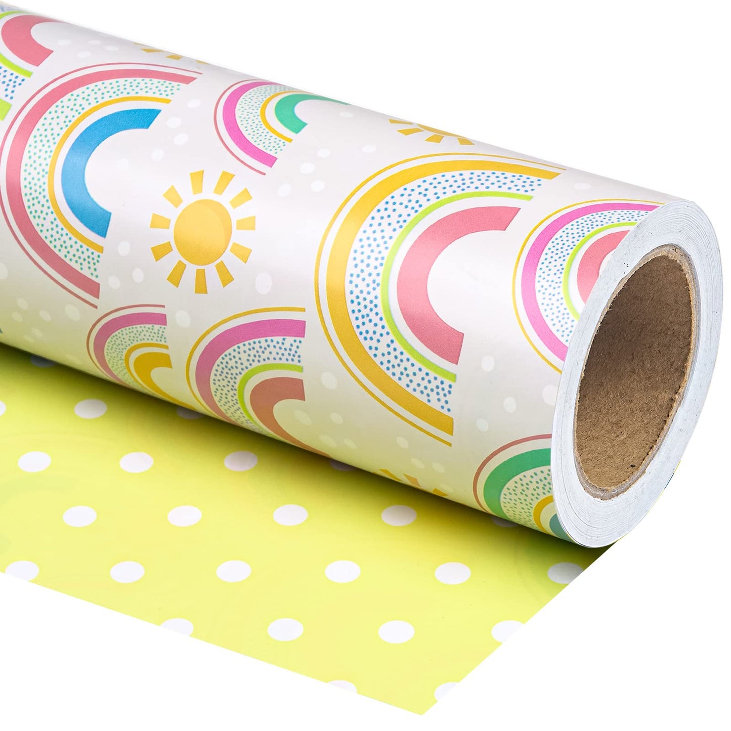 WRAPAHOLIC Jumbo Reversible Baby Shower Wrapping Paper - 30 Inch x 33 Feet - Rainbows and Polka Dot Design for Neutral Baby Shower, Boys Girls Kids Birthday