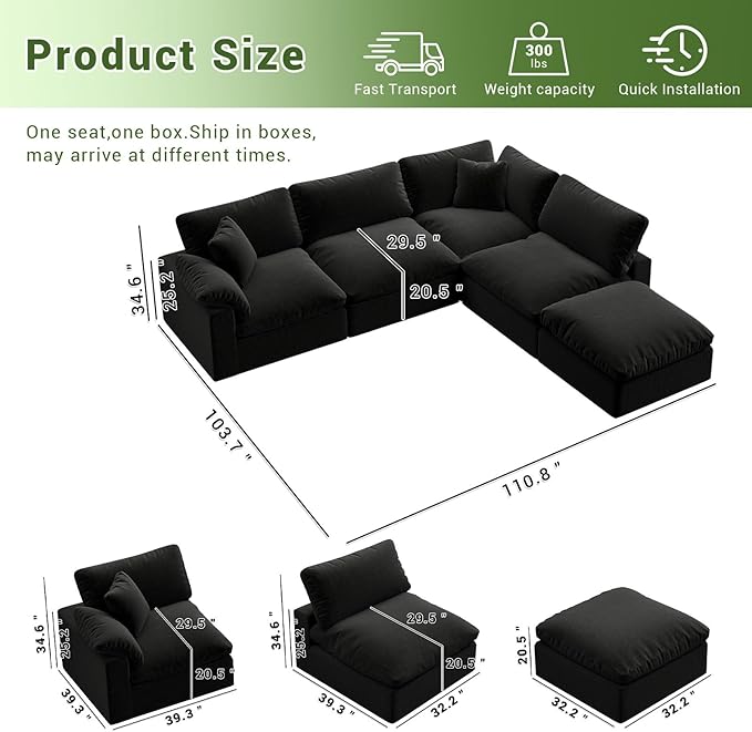 Intuition Decor Cloud Modular Sectional Sofa,143" Down Filled Sofa 4 Seat with Chaise,Minimalist Sofa Cover Washable and Replaceable Couches for Living Room,Sectional Sofa Deep Seat Black