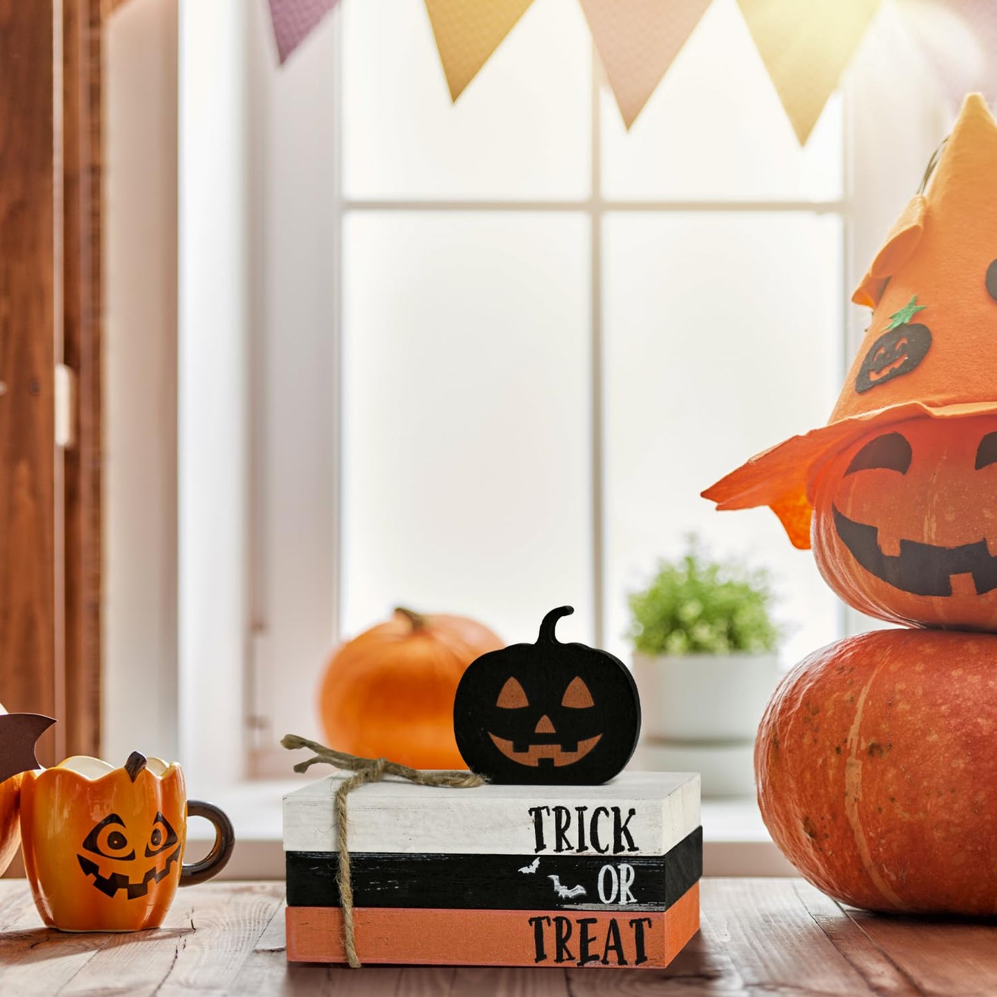 Smile Happy Halloween Wooden Stack, Pumpkin Mini Faux Books Bundle, Trick or Treat Tiered Tray Decorations, Indoor Decor for Kitchen Bathroom and Home Table Shelf