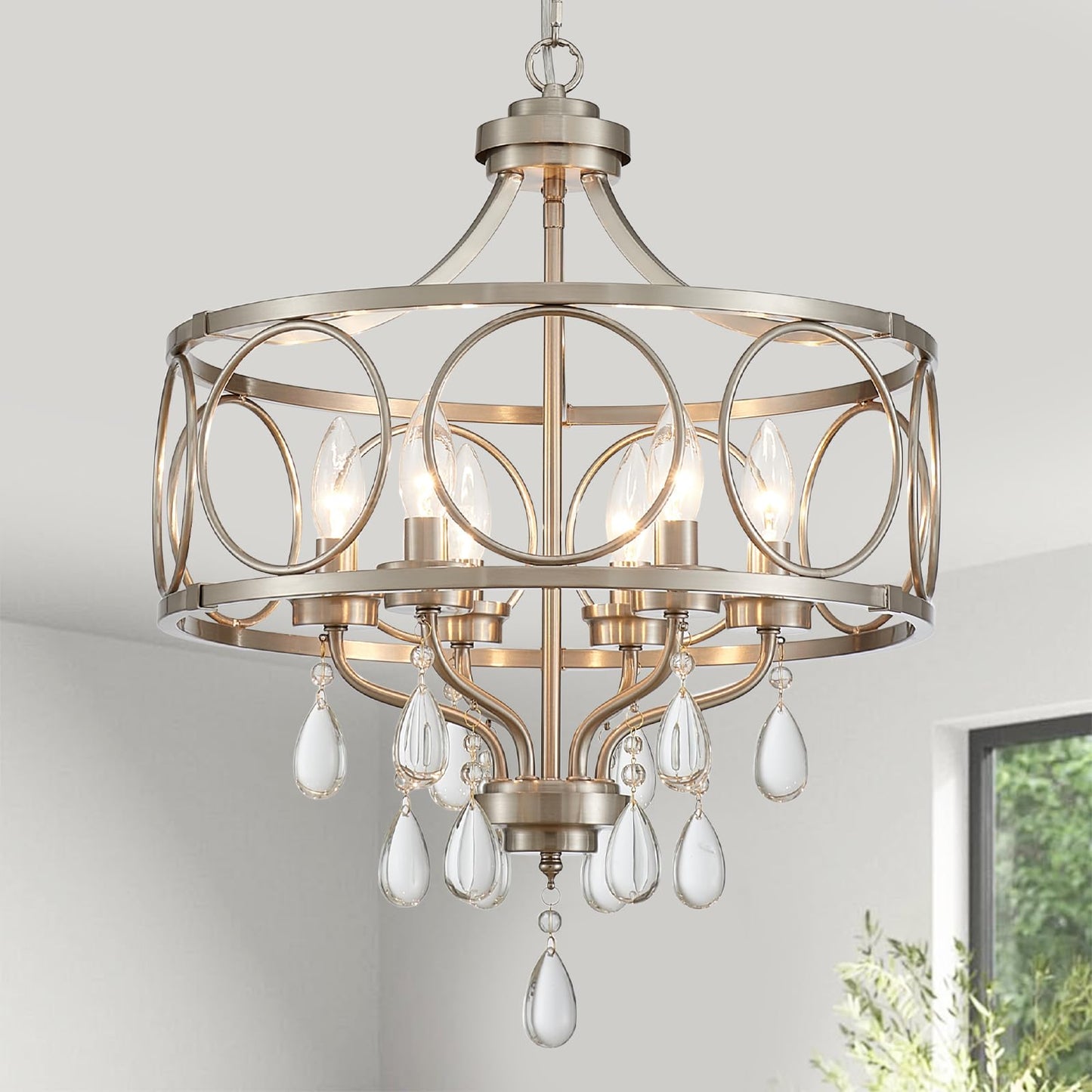 Majhoiw Crystal Chandeliers for Dining Room,17.7" Brushed Nickel 6 Lights Hanging Pendant Lighting Fixture Metal Farmhouse Chandelier for Kitchen Island Entryway Living Room