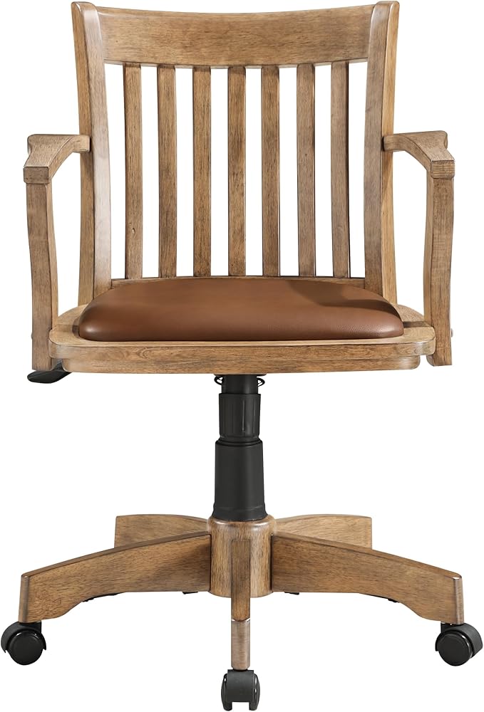 OSP Home Furnishings Deluxe Wood Banker's Desk Chair with Padded Seat, Adjustable Height and Locking Tilt, Fruitwood Finish and Brown Vinyl