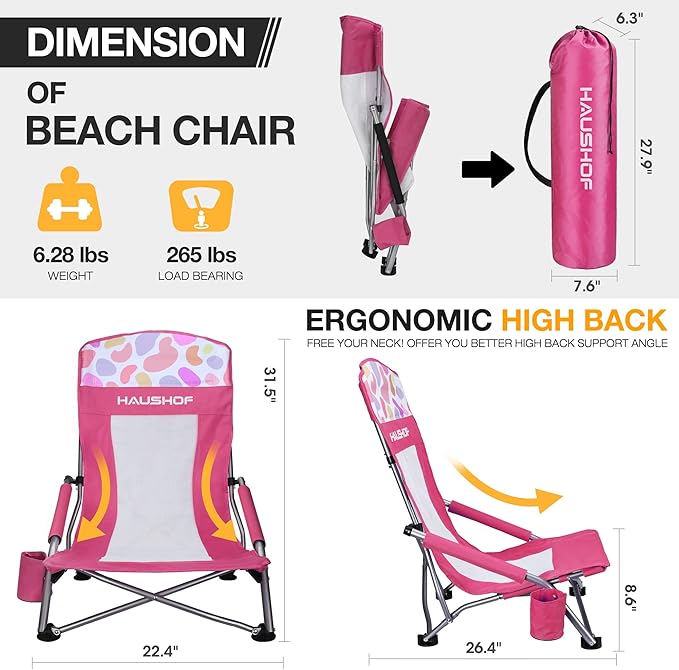 HAUSHOF 2-Pack High Back Beach Chairs, Mesh Back Folding Chair, Lightweight Low Seat Camping Chairs with Cup Holder, Carry Bag, Padded Armrest for Outdoor Beach Lawn Camping Picnic Festival