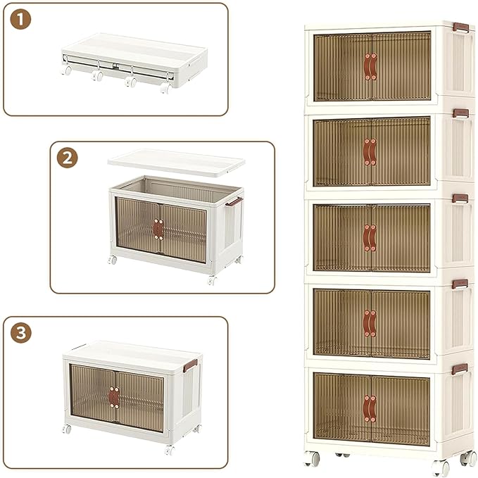 5-Tier Storage Bins with Wheels, Large Stackable Storage Bins Open Front, Foldable Plastic Containers, Clear Plastic Stackable Organizer Boxes, 450 QT Capacity, White (5 Tier, 25.8″)