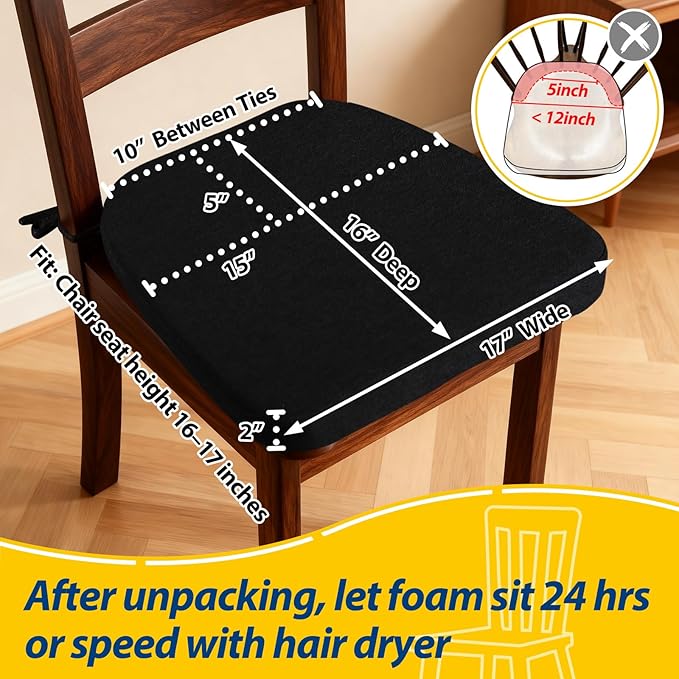 AAAAAcessories D-Shaped Chair Cushions, 2" Thick Dining Chair Pads with Ties and Removable, Machine-Washable Cover, 17" x 16", Black