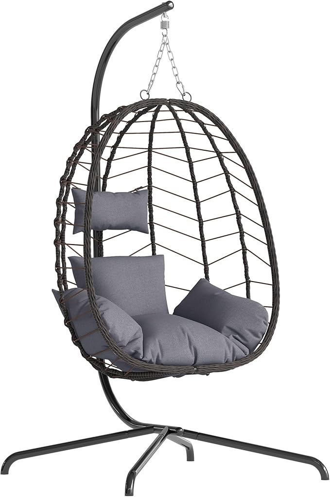 LEX CRAFT Egg Chair with Stand, Patio Wicker Hanging Chair, Hammock Swing Chair, 350LBS Capacity for Bedroom, Balcony, Garden(BR-GR)