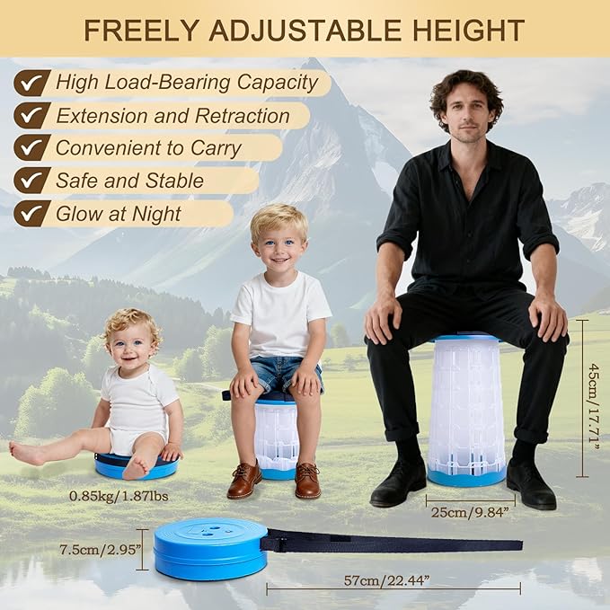 JSSTEM LED Telescoping Camping Stool, Lightweight Collapsible Portable Seat with Built-in Light for Camping, Fishing, BBQ, Hiking & Music Festivals, RGB Flash