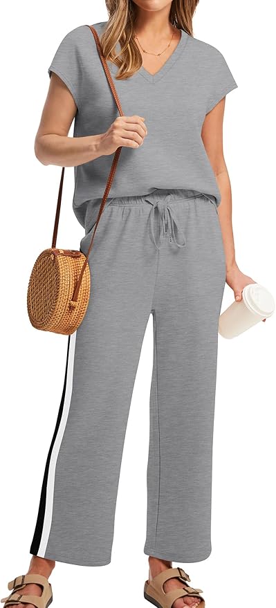 Saloogoe Two Piece Sets for Women Summer Outfits Lounge Sets V Neck Tops Wide Leg Pants Woman Vacation Travel Outfits