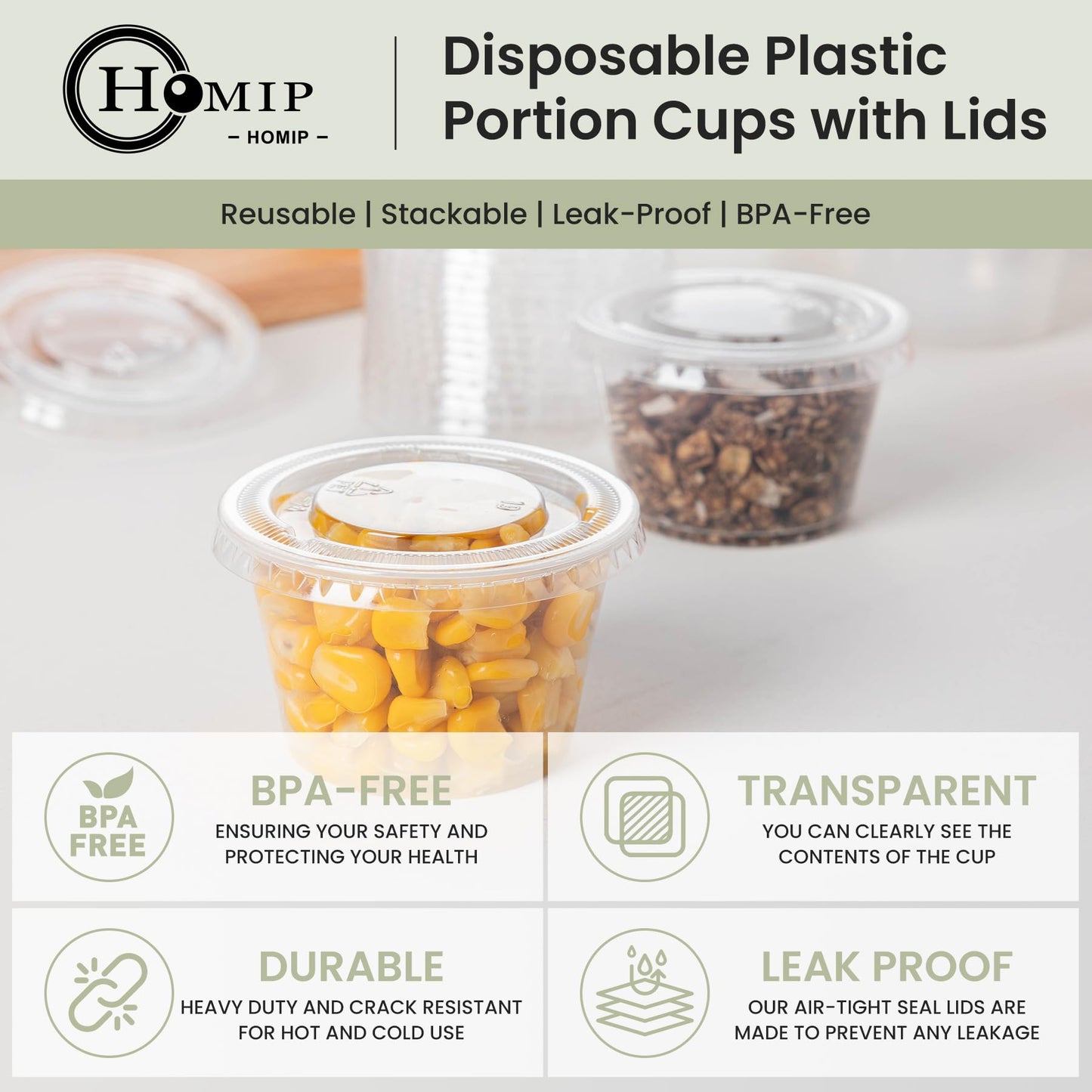 HOMIP 100Pack 4oz Disposable Plastic Portion Cups with Lids, Small Mini Sauce Cups for Portion Control, Salad Dressing Cups, Airtight and Stackable Condiment Cups for Party, Holiday and Daily Use