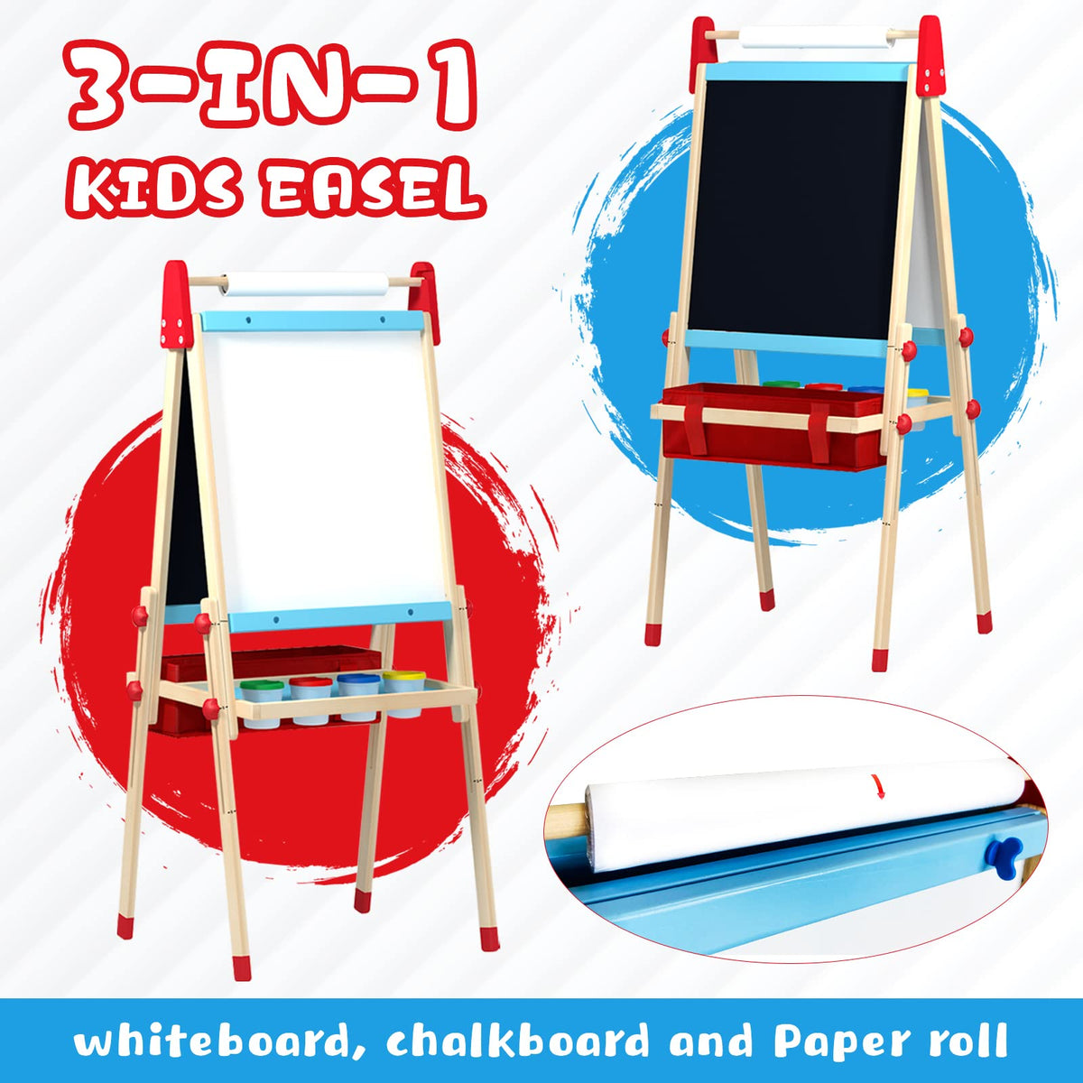 WOOD CITY Easel for Kids, Adjustable Standing Art Easel with Painting Accessories Wooden Chalkboard & Magnetic Whiteboard & Painting Paper Stand, Toddler Art Set Easel for Toddlers 2-12 Year Olds