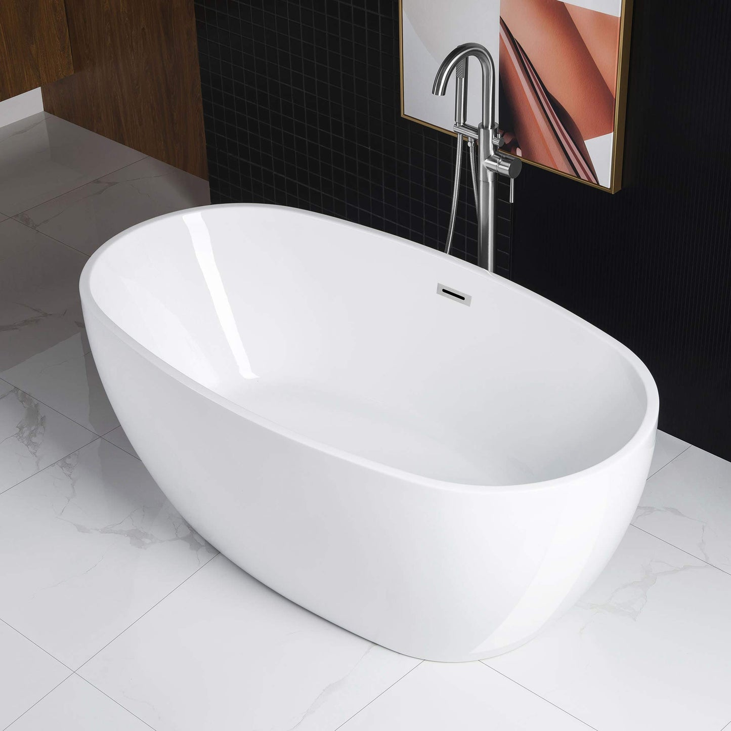 WOODBRIDGE 59" Acrylic Freestanding Bathtub Contemporary Soaking Tub, White Acrylic (Chrome Drain/Overflow),BTA1518 -C-Drain &O