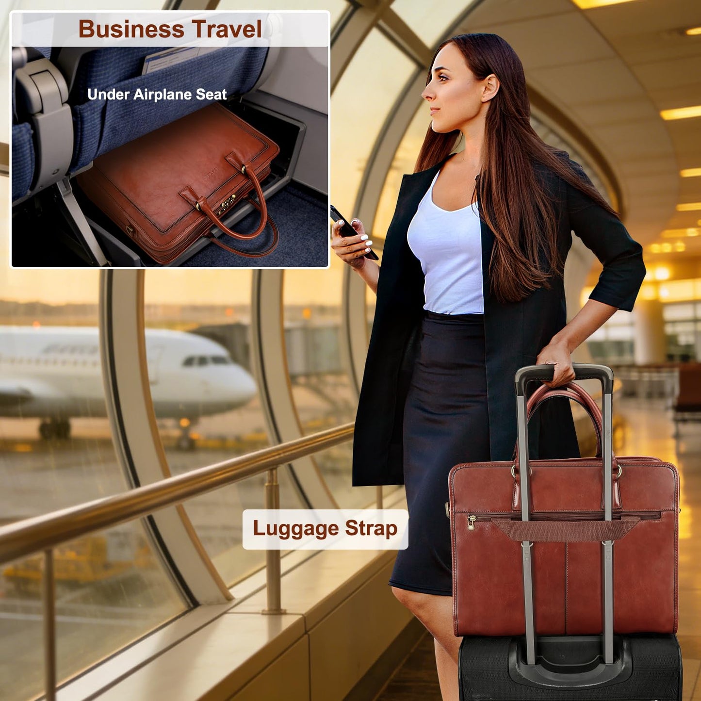 Banuce Premium Italian Full Grain Leather Briefcase for Women 15.6 Inch Laptop Bag Office Work Business Travel with Luggage Strap and Detachable Shoulder Strap Brown
