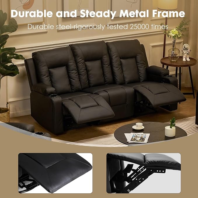 LUCKLIFE Leather Recliner Sofa Set with Manual Recliners,Living Room Furniture Set with Reclining Couch,Loveseat and Armchair,Living Room Chair with Cup Holders,Black (3+1)