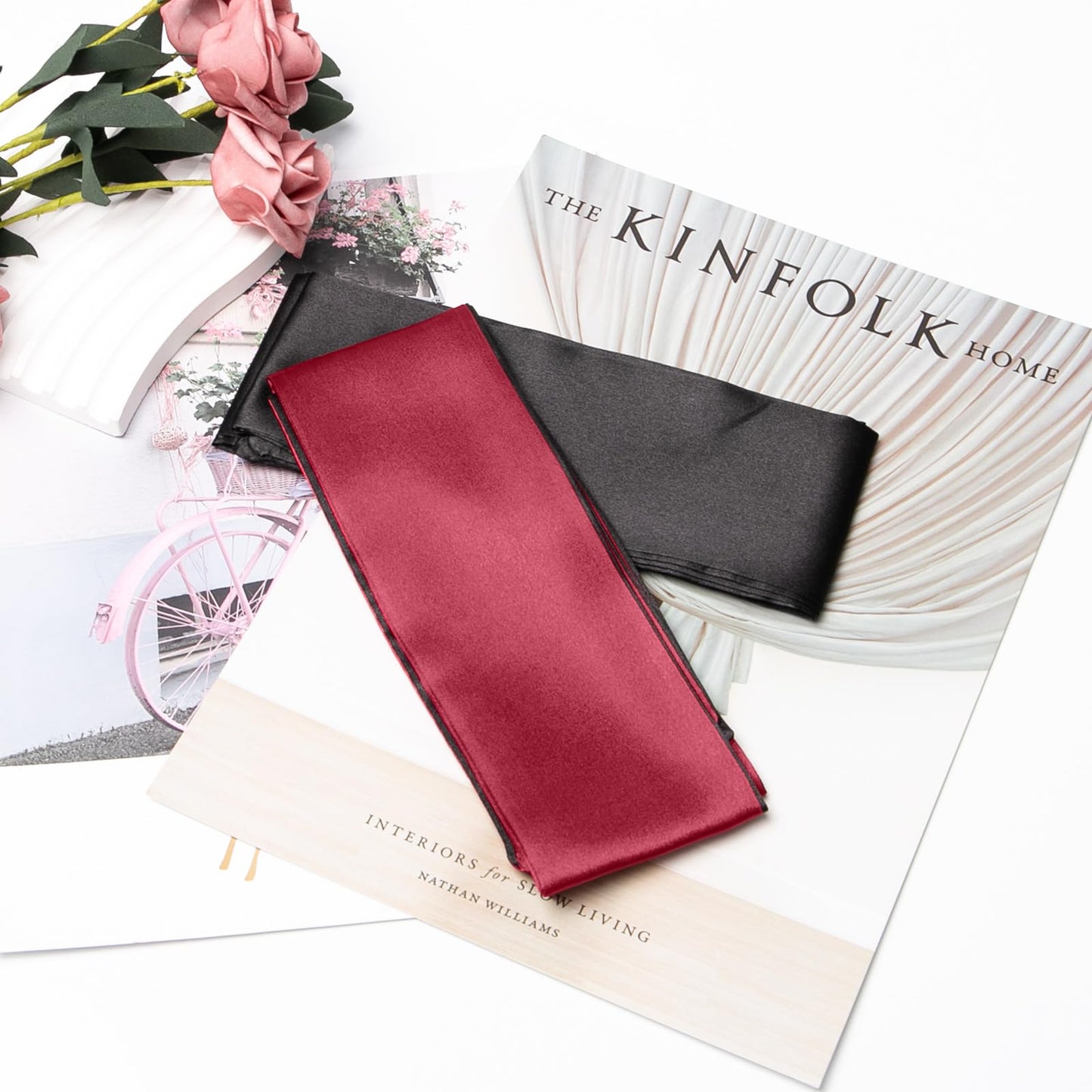 2 Pcs Satin Eye Mask for Sleeping - Silk Blindfold for Women & Men - Adults Couples Blindfold Scarf - Sleep Eye Cover for Travel Nap Meditation - Valentine Gift - 150cm/59inch (Black + Red)