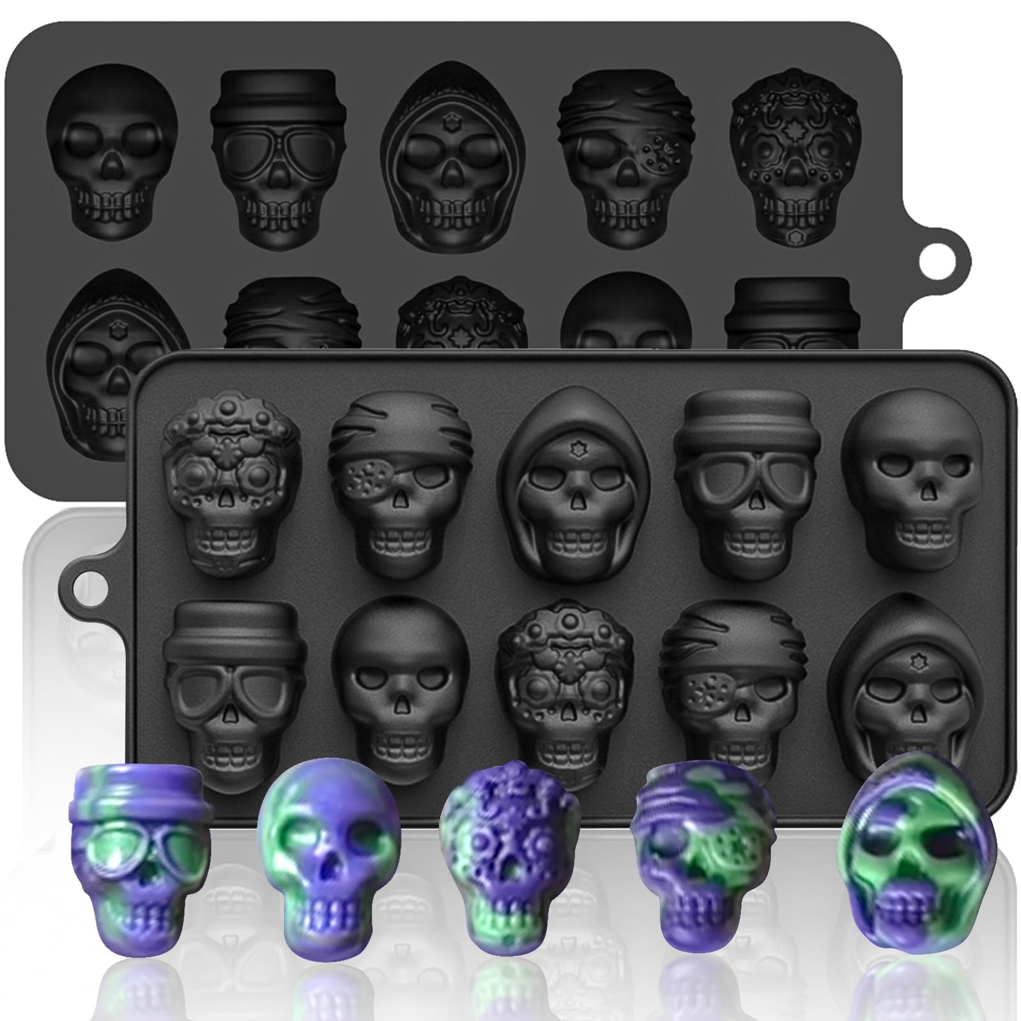 Skull Silicone Molds Halloween 2 Pack 10 Cavity for Chocolate Candy, Freezing Yogurt Wax Melts 3D Tray 5 Head Shapes Food Grade Baking Mould Oven Safe Treat or Trick Kids Homemade DIY Party