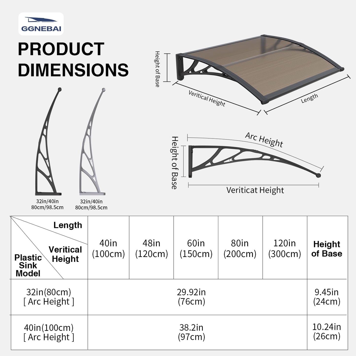 Awning for Door Entrance,40x60 Inches Window Awnings for Doors Canopy Polycarbonate Cover Patio Door Awning UV Rain Snow Sunlight Protection Hollow Shee